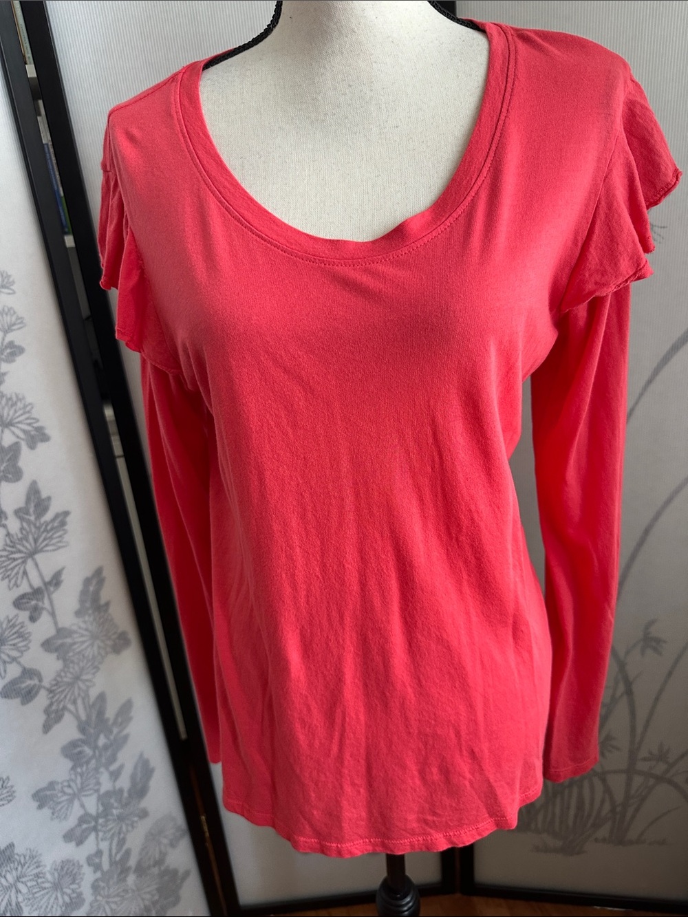 Sundry Coral Pink Ruffle Shoulder Long Sleeve Tee